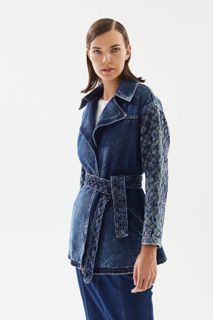 Kadın Şerit Desenli Kemerli Denim Ceket