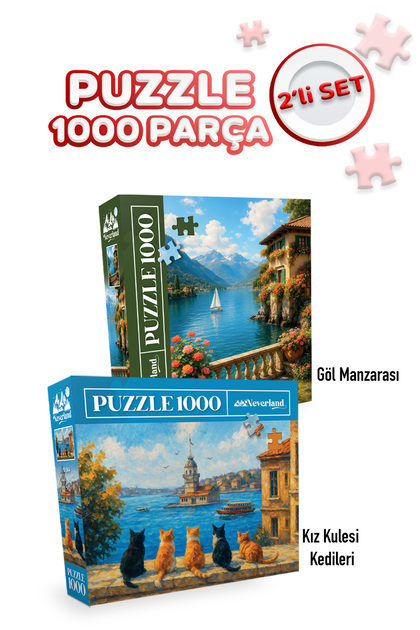 Neverland 2 ADET 1000 PARÇA PUZZLE - KIZ KULESİ KEDİLERİ VE DENİZ