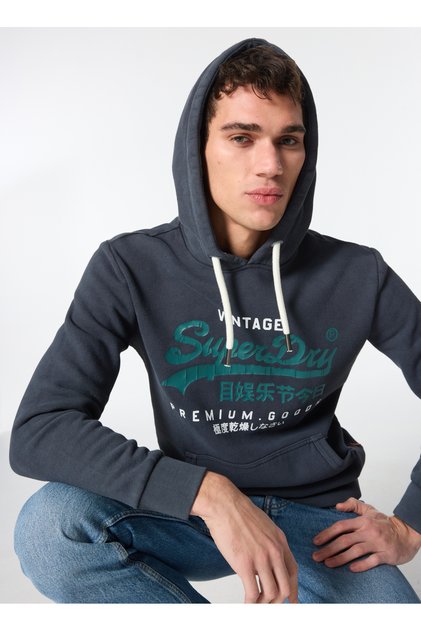 Kapüşon Yaka Siyah Erkek Sweatshırt M2013687A12A_DUO VINTAGE LOGO HOODI