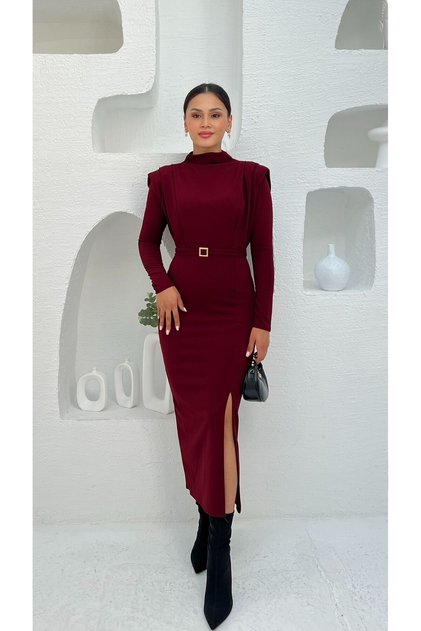 Long Sleeve Belted Slit Knitted Crepe Dress