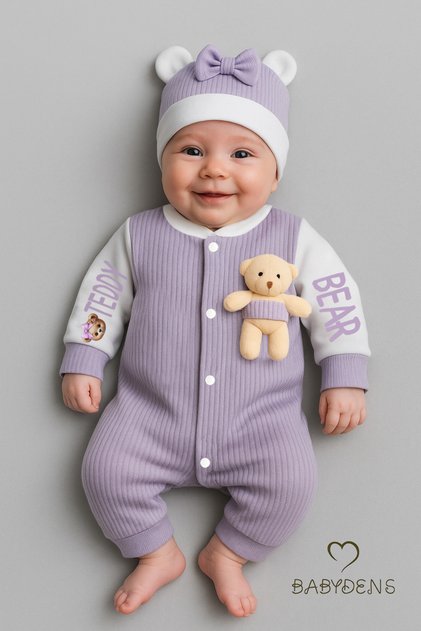 Teddy Bear Themed Newborn Ribbed Jumpsuit Set with Teddy Bear Baby Girl Jumpsuit and Hat Set 100% Cotton Seasonal