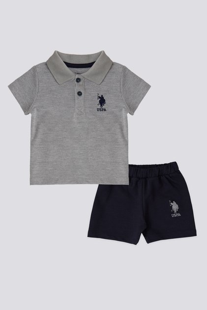Baby Boy Polo Collar Pigment Printed Summer Regular Fit Gray Baby Set Usb1834-B-V4