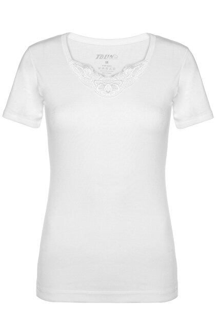 Women's 100% Cotton Laced Short Sleeve White V Neck Undershirt 322
