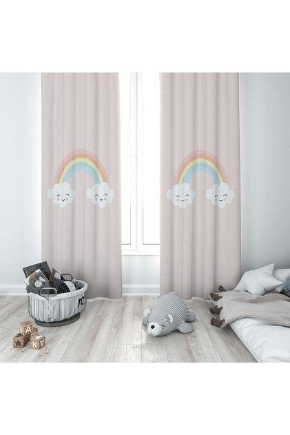 Rainbow And Cute Cloud Patterned Children's and Baby's Room Background Curtain 2 Wings Tla-242