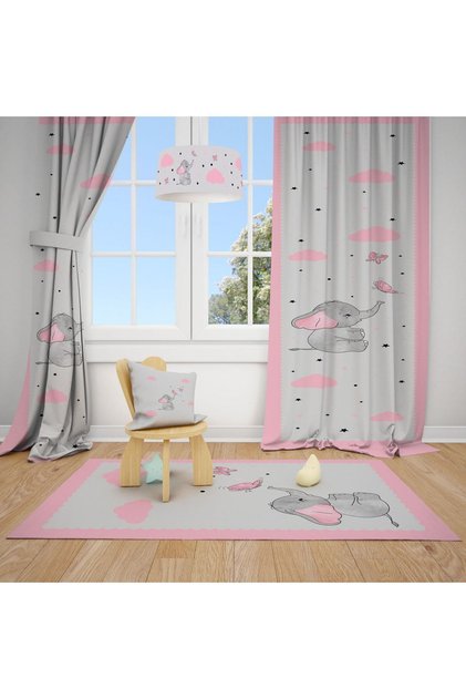 Gray Butterfly Elephant Patterned Children's and Baby's Room Background Curtain 2 Wings Tla-220