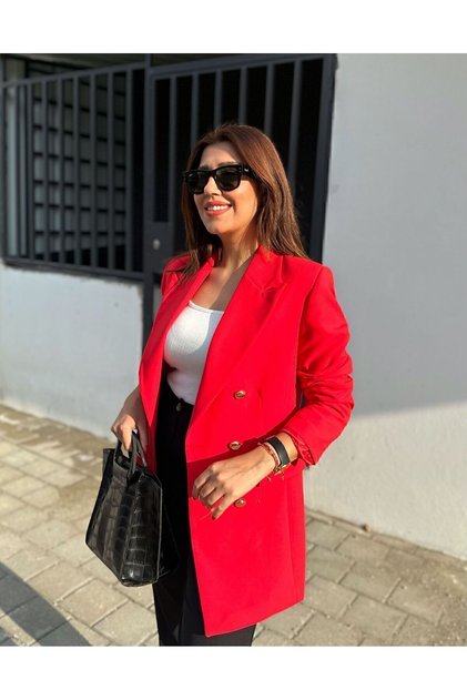 Büyük Beden Uzun Gold Düğmeli Kırmızı Renk Blazer Ceket