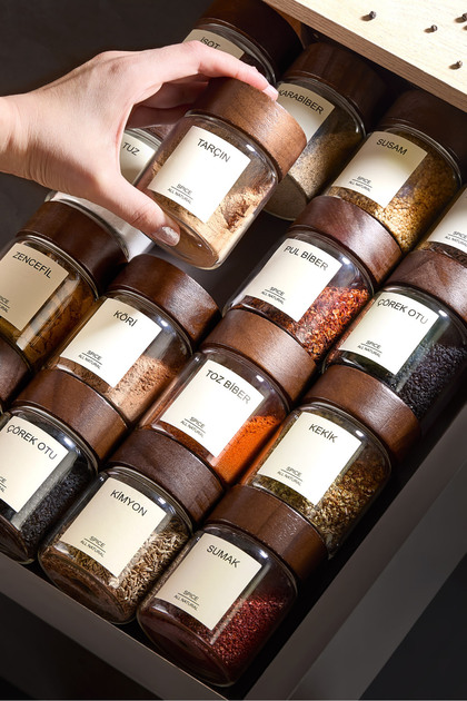 Acassia Set of 12 Acacia Lid Borosilicate Glass Spice Shakers / 56 Labels Gift / 200ml