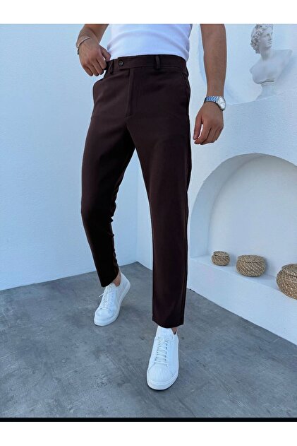 Pantaloni din țesătură maro de calitate elastică din lycra pentru bărbați