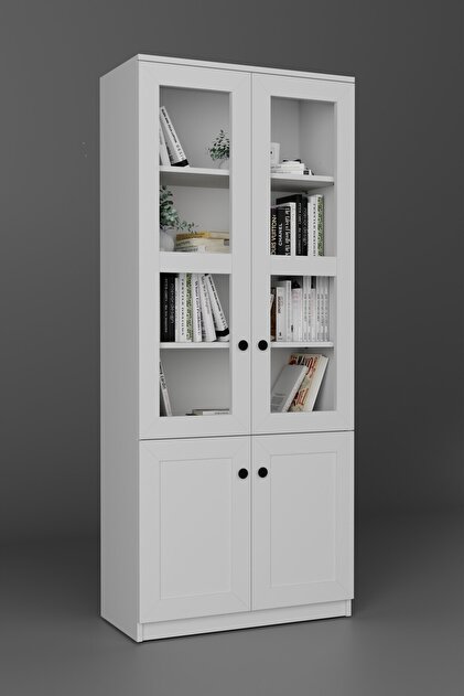 midoser Lisa 4 Kapaklı Beyaz Vitrin - Kitaplık ve Çok Amaçlı Dolap