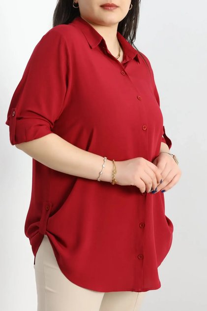 Women's Large Size Solid Color Woven Viscose Shirt with Sleeves and Side Folds