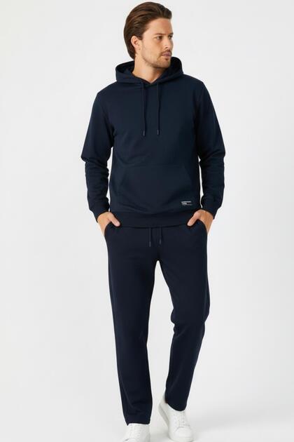 Navy Regular Fit Hooded Pocketed Sweatshirt Straight-Leg Men's Tracksuit Set