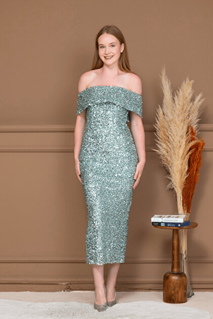 BEYBOS Sequin Boat Neck Pencil Long Dress - Mint Green- Trendyol BEYBOS Sequin Boat Neck Pencil Long Dress - Mint Green- Trendyol