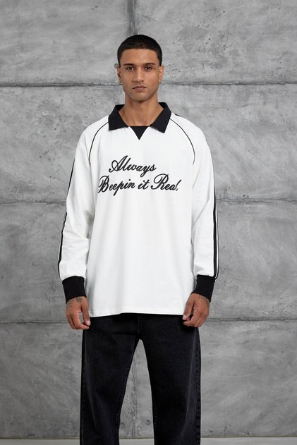 Men's Sweatshirt Lettering Polo Collar Oversized White Oversized