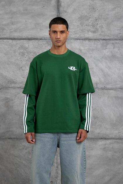 Men's Sweatshirt Yc4 Oversize with Split Sleeves Green Oversize Crew Neck 3 Thread Without Threaded Detail
