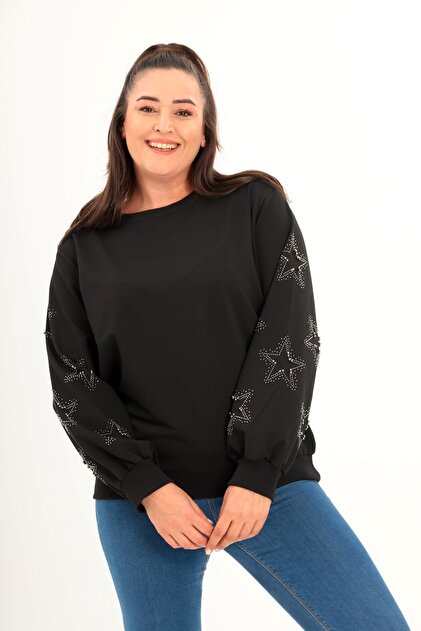 Women's Plus Size Black Crew Neck Sweatshirt with Star Detail on the Sleeves and Stone and Pearl Detail 65N39144