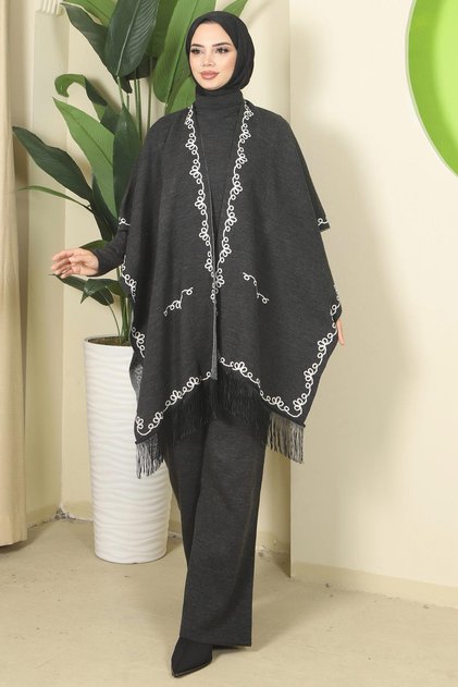 Chain Pattern Paneled Triple Knitwear Set Anthracite Hm2815