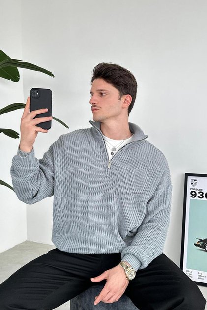 Gray Half-Zip High Neck Knit Sweater