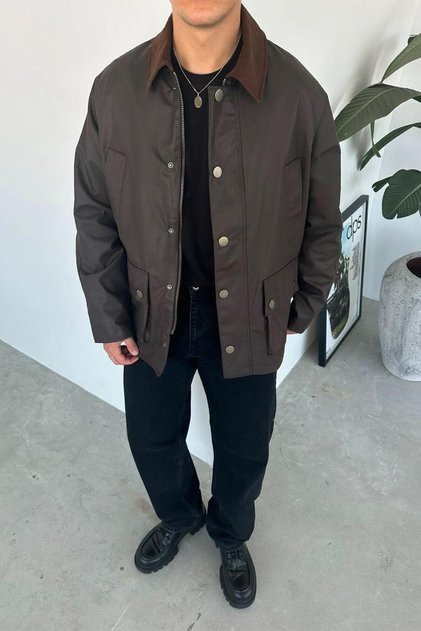 Brown Waxed Snap Pocket Detail Oversize Jacket