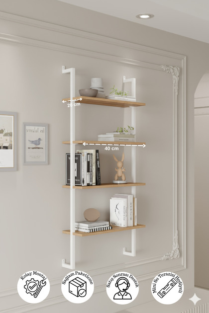 40x20 cm Beyaz Metal 4 Raflı Duvar Rafı | Kitaplık & Mutfak Banyo Organizer