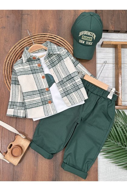 Plaid Pattern Lumberjack Shirt With Hat Printed With Bodysuit Baby and Boys' Set