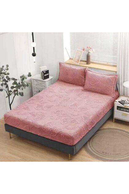 Husă de pat cu Elastic CHIRASO, COCOLINO, Model Grofat Fluturi 180x200+30cm și 2 Fețe Pernă 50x70cm