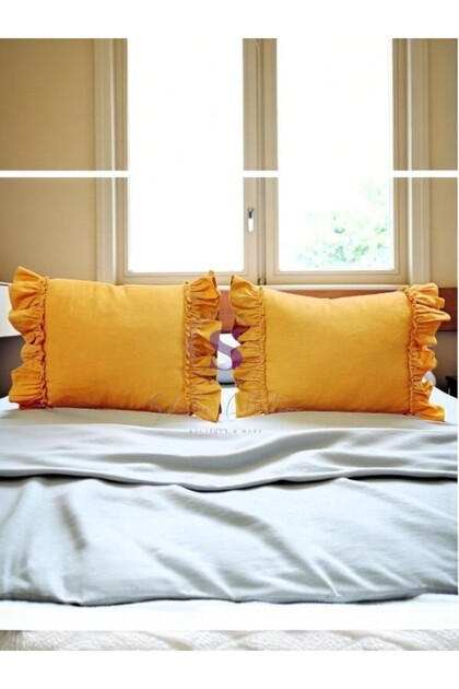 Oxyde Yellow Linen Bohemian Ruffled Vintage 2-Piece Rectangular Throw Pillow Cover