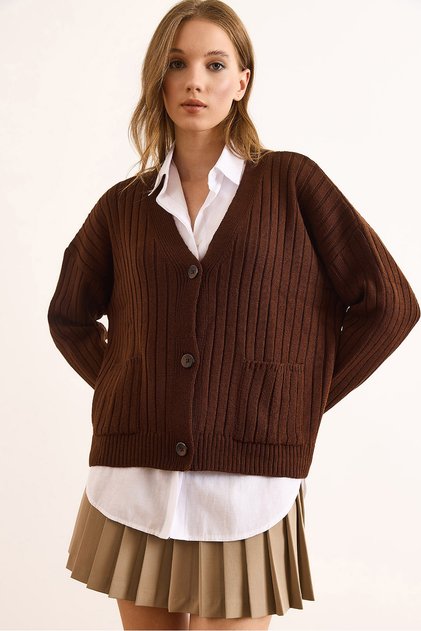 Women's Brown Pocketed Thick Ribbed Soft Textured Knit Cardigan Hrk-19000390
