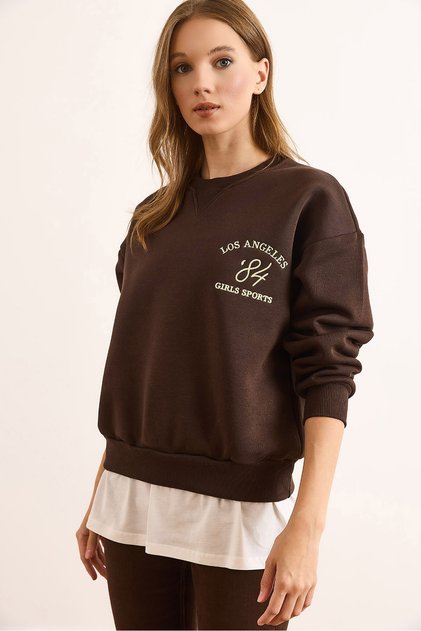 Women's Brown Skirt with Garnished Collar Detail, Embroidered Thick Sweatshirt Swt-19000743