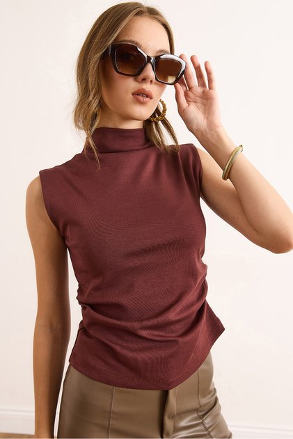 Women's Brown Drape Detailed Stand Collar Interlock Crop Blouse Blz-19003107