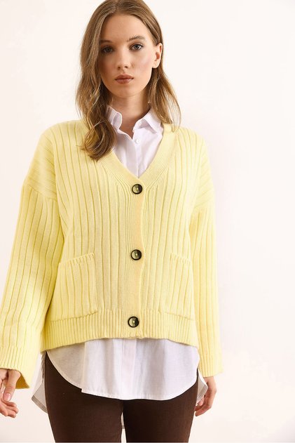 Women's Yellow Pocketed Thick Ribbed Soft Textured Knit Cardigan Hrk-19000390