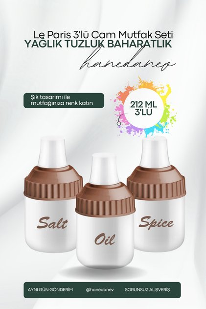 3 Piece Glass Oil Bottle Glass Salt Shaker Glass Spice Jar 212 ml Kitchen Set 7X14 cm