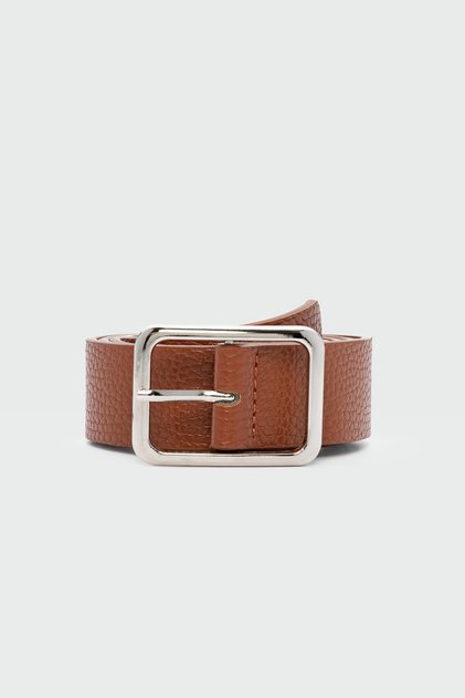 Rectangular Buckle Serrated Faux Leather Belt Tan