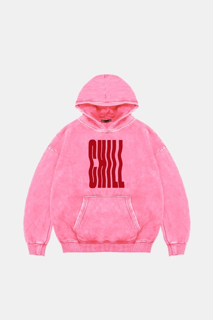 Chill Printed Oversize Unisex Washable Pink Hoodie