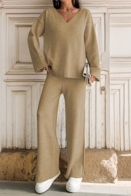 Women's Stylish V-Neck Knitwear Sweater Pants Set