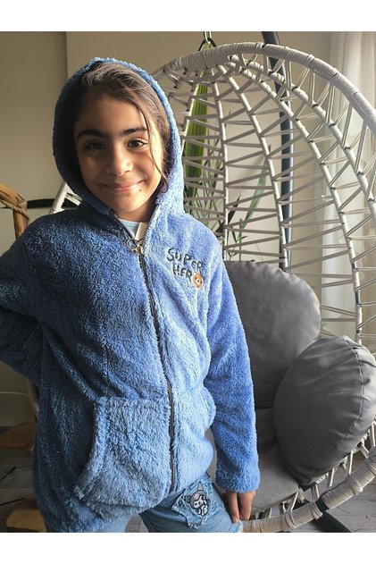 Boys Girls Unisex Plush Fleece Cardigan Hooded Zipper Pocket Blue, Dark Blue! !! Narrow Mold