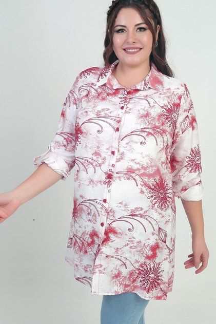 Kadın Kol Katlamalı Batik Desenli Büyük Beden Uzun Gömlek