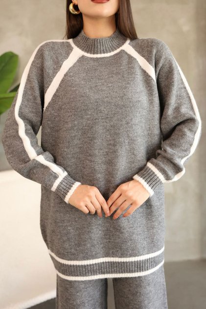 Women's Gray Stripe Detailed Crew Neck Tunic and Wide Leg Knitwear Top and Bottom Set