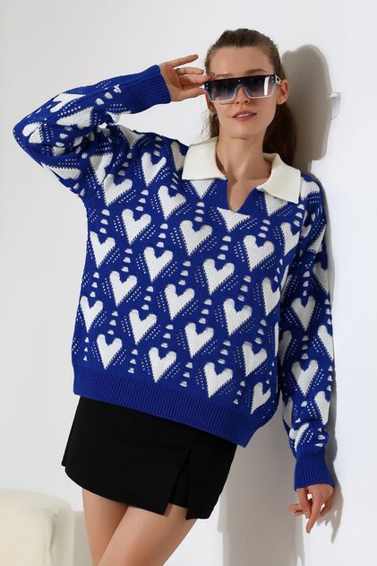 Women's Cobalt Blue Polo Collar Heart Patterned Knitwear Sweater
