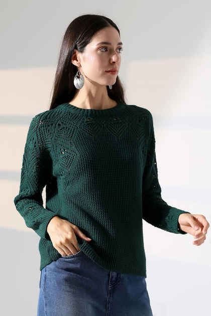 Women's Khaki Crew Neck Motif Embroidered Knitwear Sweater