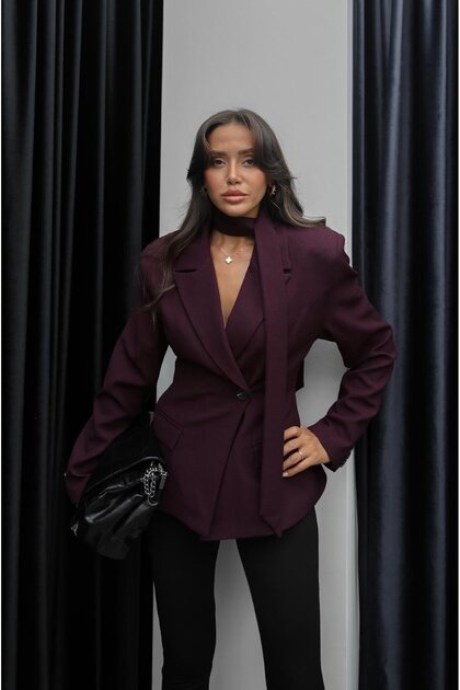 Havoş Jachetă blazer cu detaliu de curea în talie, culoare prune- Trendyol