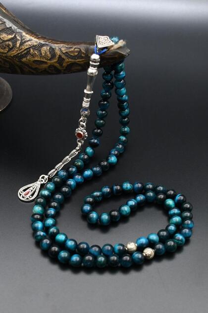 Natural Blue Tiger's Eye Stone 99 Prayer Beads with Metal Tassel 6mm Sphere Cut 902268
