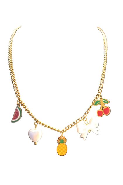Colorful Figured Charm Necklace – Gold Color Chain with Fruit and Bow Detail