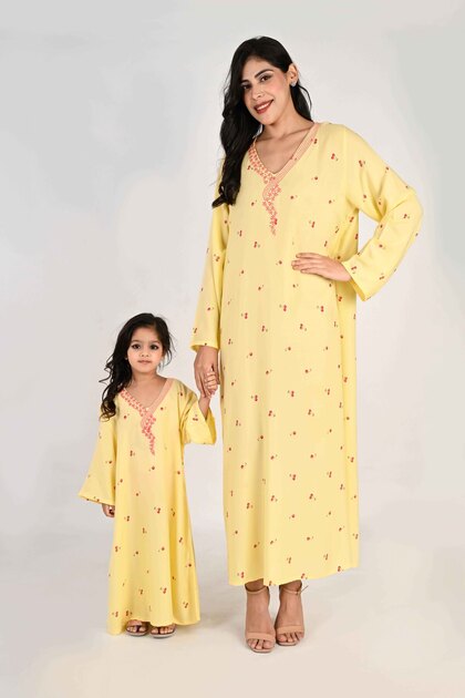 Kids Jalabiya – Yellow with Cherry Print and Embroidered Neckline