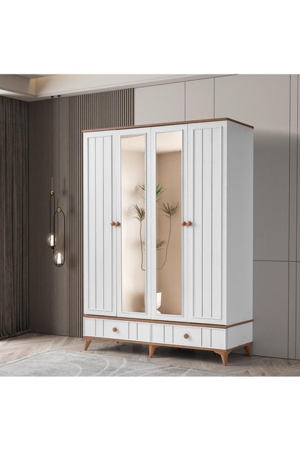 Sıla 4 Kapaklı Gardırop Çekmeceli Dolap 153cm. Beyaz-A.Çam