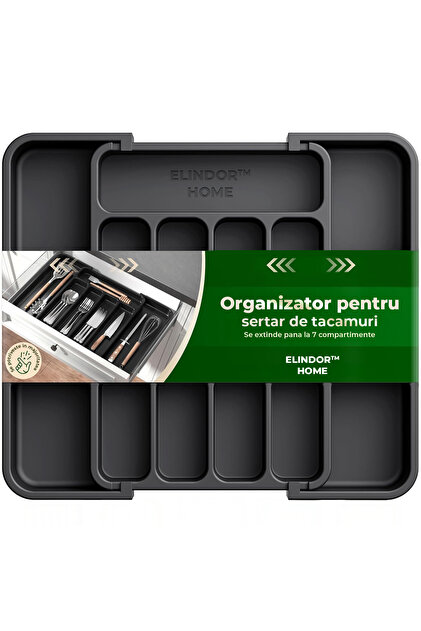 Organizator negru pentru tacâmuri și ustensile de bucătărie, 7 compartimente, sertar extensibil 22-38 cm