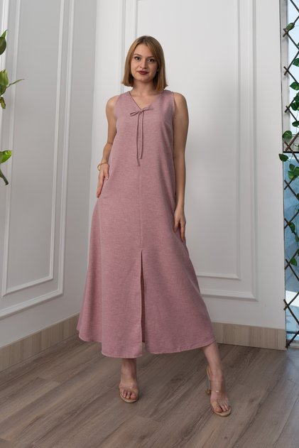 Women's Summer Dusty Rose V-Neck Spaghetti Strap Detailed Slit Long Dress Stylish Daily Casual Dusty Rose 50324
