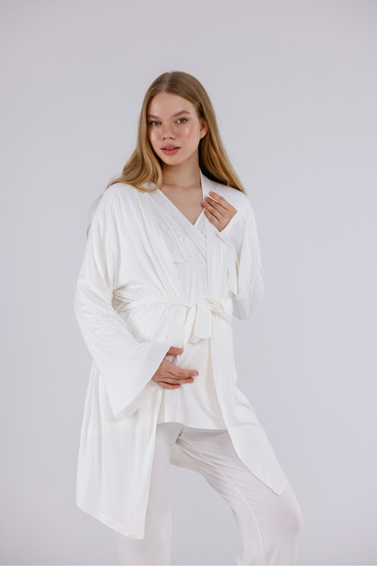Women's Ecru Double-Breasted Lace Long Sleeve Maternity 3-Piece Pajama Set