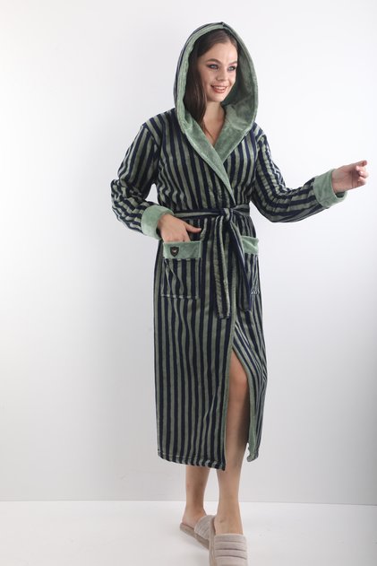 100% Bamboo Women's Striped Hooded Dressing Gown / Bathrobe