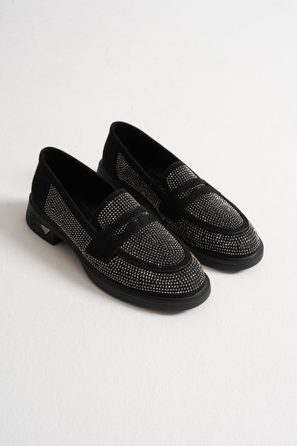 Pantofi casual pentru femei Liora, din piele intoarsa neagra, cu detalii de piatra