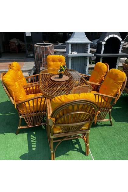 6 Kişilik Bambu Masa Takımı Bahçe Yemek Takımı Balkon Takımı Bahçe Seti